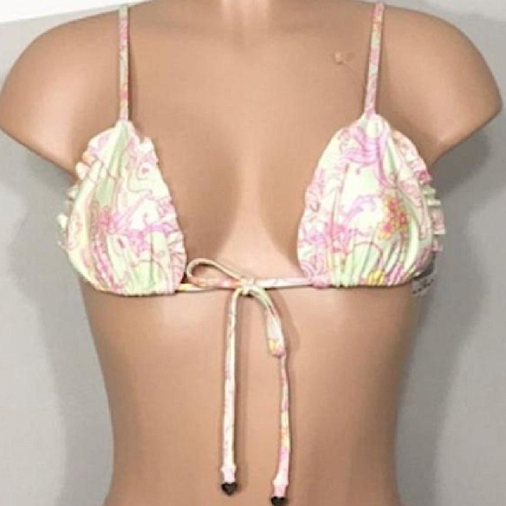 NWT WILDFOX Unicorn & Strawberries Ruffle Bikini Top $88 Reverse Tie Front Small